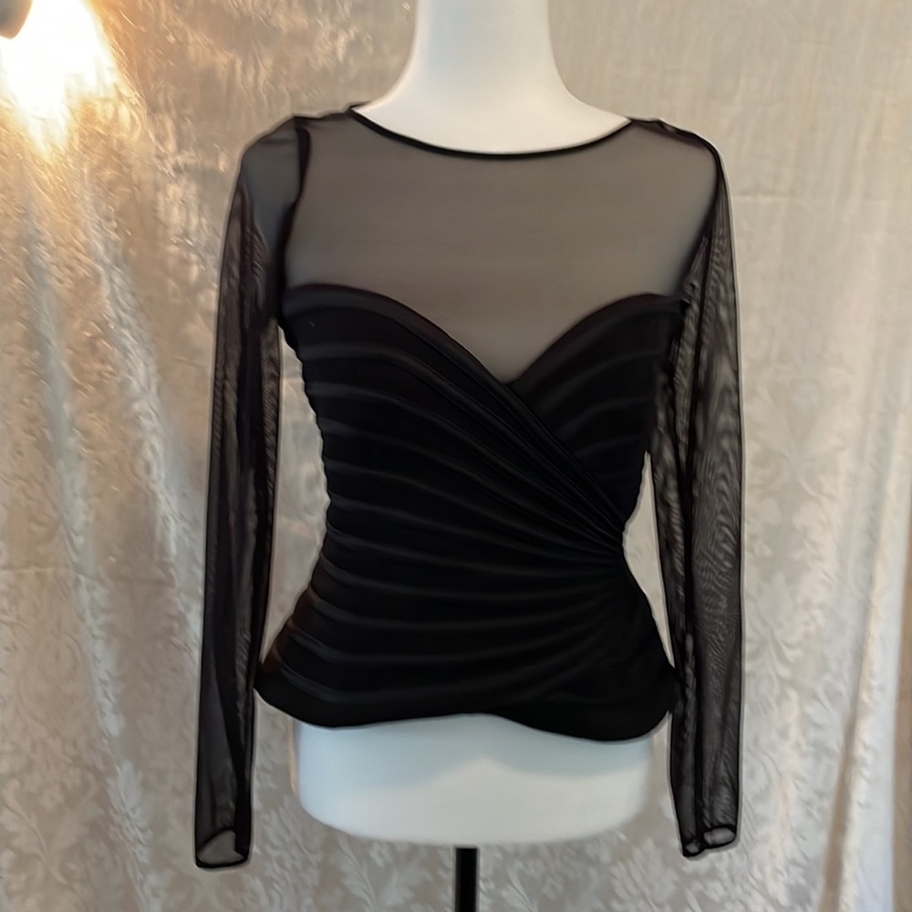 Fitted ruched semi sheer black cocktail evening blouse